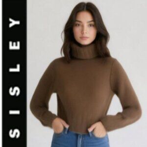 SISLEY Turtleneck Sweater Brown Wool Chunky Angora